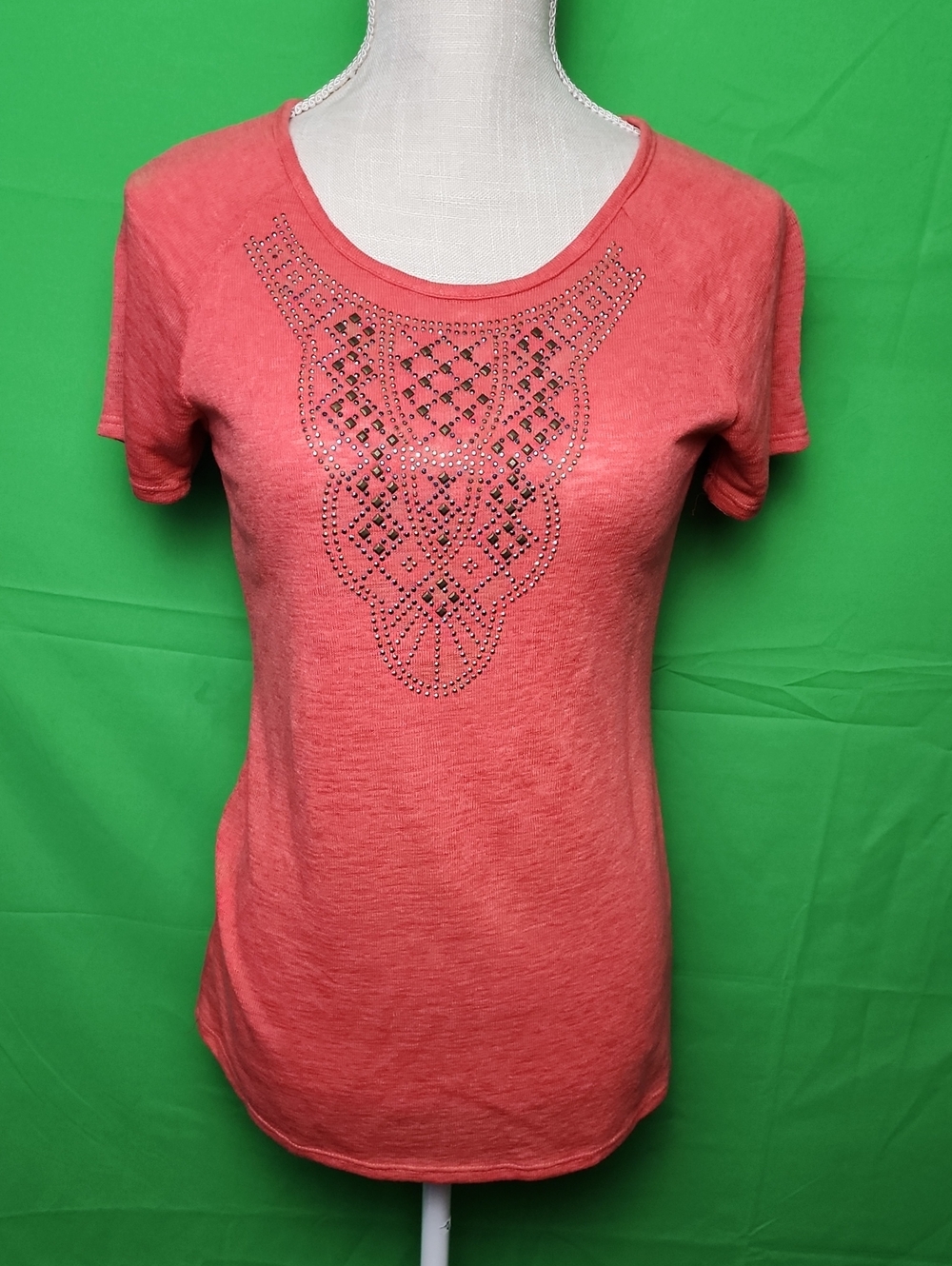 Daytrip Coral Pink Embellished Rhinestone Studded Short Sleeve Top M
